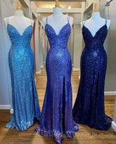 Mermaid Purple Sequins Long Semi Formal Prom Dress with Slit,Navy Blue Evening Party Gowns